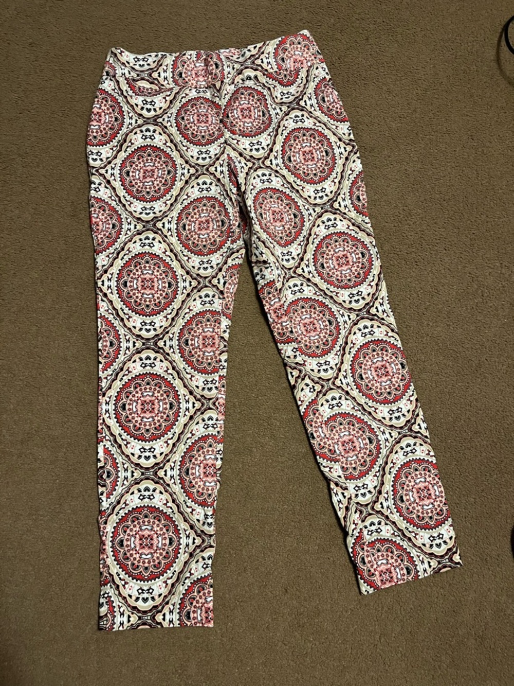 Chico's Cream and Red Medallion Print Trousers